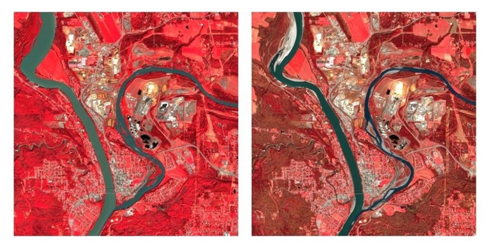 Side-by-side handout images, shown in infrared, taken by the European Space Agency's Sentinel-2 satellite show the Quesnel River as it meets the Fraser River in Quesnel, B.C., in May 2023, left, compared with May 2024.THE CANADIAN PRESS/HO, European Union, Canadian Space Agency *MANDATORY CREDIT*