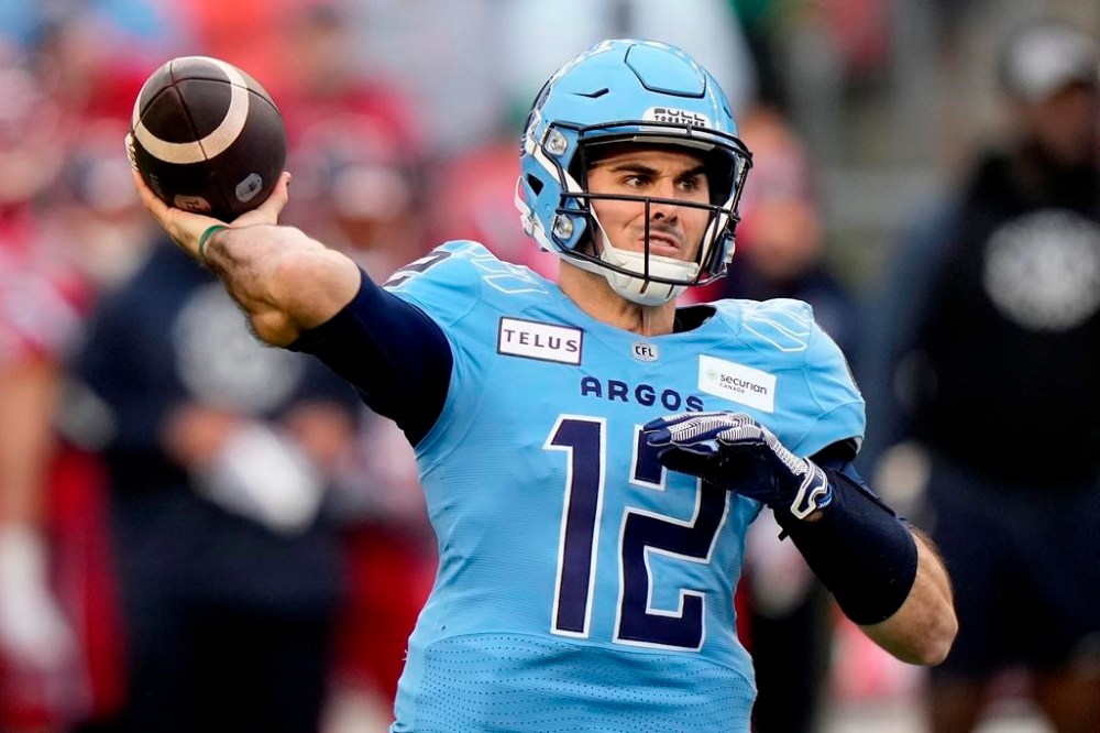 Toronto Argonauts quarterback Chad Kelly has formally withdrawn from the CFL club's training camp. Kelly (12) makes the pass during first half CFL Eastern Division final football action against the Montreal Alouettes, in Toronto, Saturday, Nov. 11, 2023. THE CANADIAN PRESS/Frank Gunn