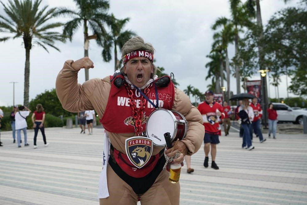 In this file photo, Rob Veglia of Palm Beach Gardens arrives at FLA Live Arena, now called Amerant Bank Arena, for Game 4 of the NHL Stanley Cup Finals between the Florida Panthers and the Vegas Golden Knights, Saturday, June 10, 2023, in Sunrise, Fla. (AP Photo/Lynne Sladky)