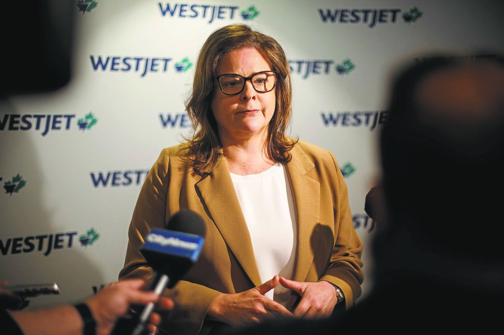 Then-premier Heather Stefanson speaks to the media in May 2023 after an announcement that WestJet will be opening a new route to Atlanta, Ga. The Calgary-based airline announced Tuesday that Stefanson has been named a WestJet Group board member. (File)