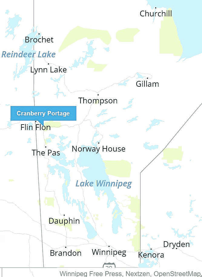 Cranberry Portage is located about 45 kilometres southeast of Flin Flon, near the Saskatchewan border. (Winnipeg Free Press)