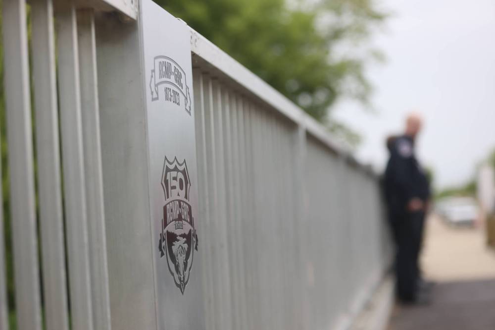 The bridge named after RCMP Const. Dennis A. Onofrey bears a Mountie crest. (Geena Mortfield/The Brandon Sun)