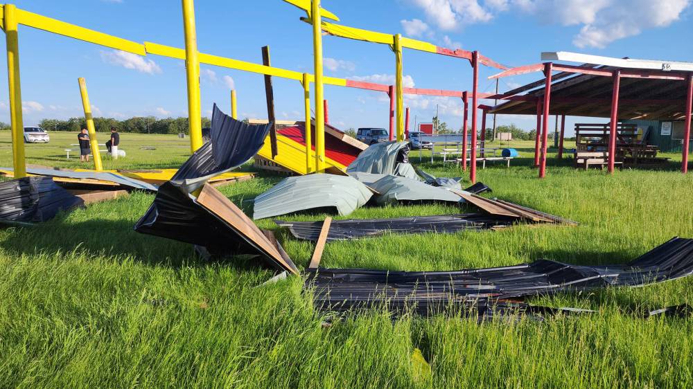 The powwow grounds at Swan Lake First Nation sustained heavy damage from a suspected tornado on Wednesday evening. (Jordan Carruthers)