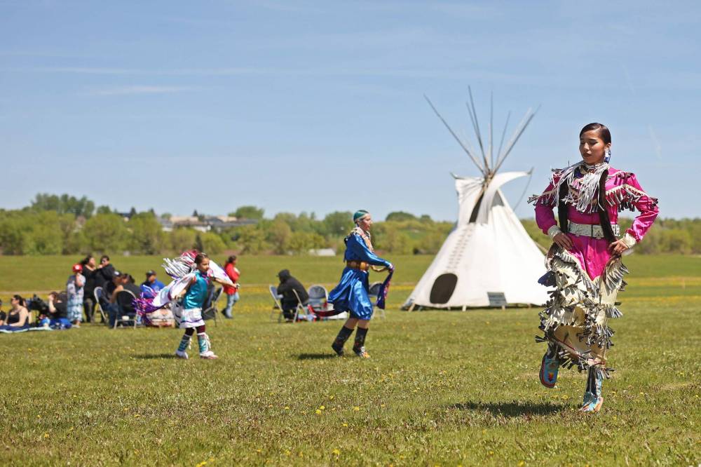 Oceanna Hall (right) of Sioux Valley Dakota Nation dances during a powwow at the Our Journey: Celebrating Indigenous Student Success event at the Riverbank Discovery Centre last month. (File)