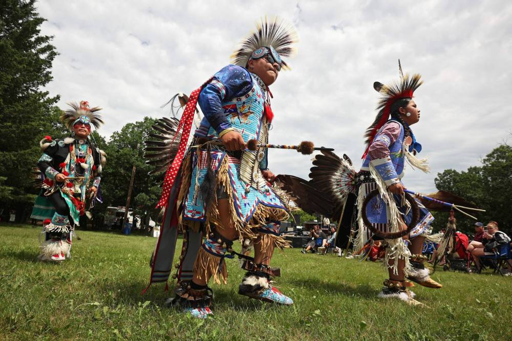 Dancers take part in the grand entry for the powwow demonstration during Sioux Valley Dakota Nation’s grand reopening of the Grand Valley Campground and National Indigenous Peoples Day celebrations last year. (File)
