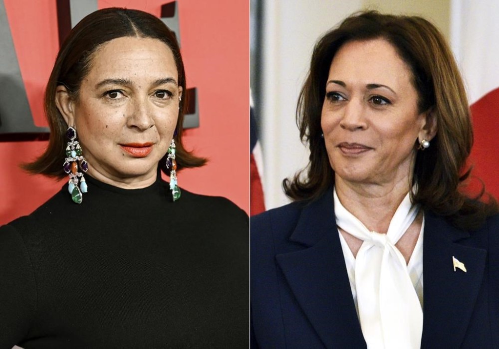Maya Rudolph appears at the Time100 Gala in New York on April 25, 2024, left, and Vice President Kamala Harris appears at a luncheon for Japanese Prime Minister Fumio Kishida at the State Department in Washington on April 11, 2024. (AP Photo)