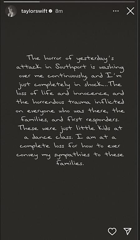 The screenshot shows Taylor Swifts' Instagram response to the stabbing in Southport, Tuesday, July 30, 2024. Three children died and eight were injured in a knife attack during a Taylor Swift event at a dance school on Monday, in Southport, England. (AP Photo)