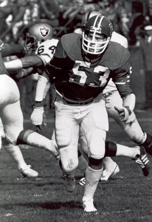 FILE - Denver Broncos linebacker Randy Gradishar follows the action in this Dec. 30, 1977 file photo, during a football game against the Oakland Raiders in Denver. Gradishar is the first member of the Broncos' famed “Orange Crush” defense to be enshrined in the Pro Football Hall of Fame.(AP Photo/File)