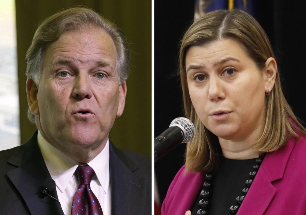Former Rep. Mike Rogers, R-Mich., left, speaks in North Charleston, S.C., March 18, 2023, and Rep. Elissa Slotkin, D-Mich., speaks in Rochester, Mich., Dec. 16, 2019. (AP Photo)