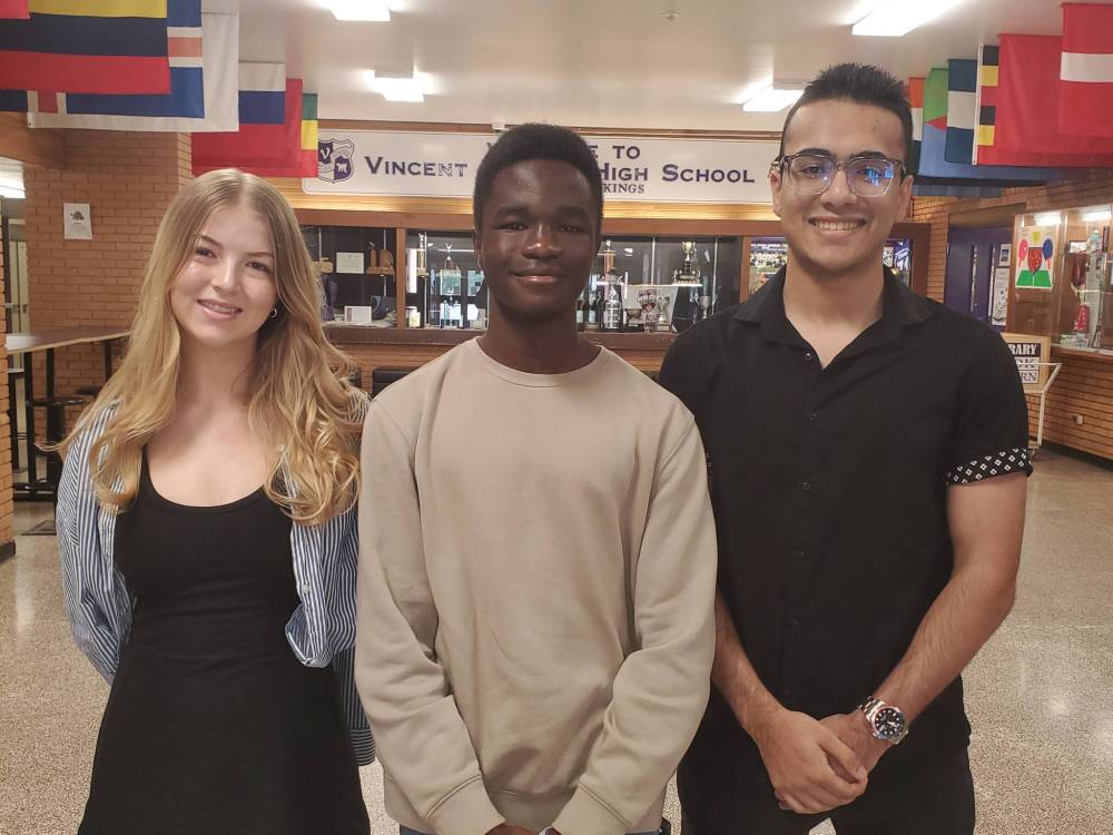 Vincent Massey High School students (from left) Lauren Gustafson, David Afolami and Danyal Mehdi. (Abiola Odutola/The Brandon Sun)