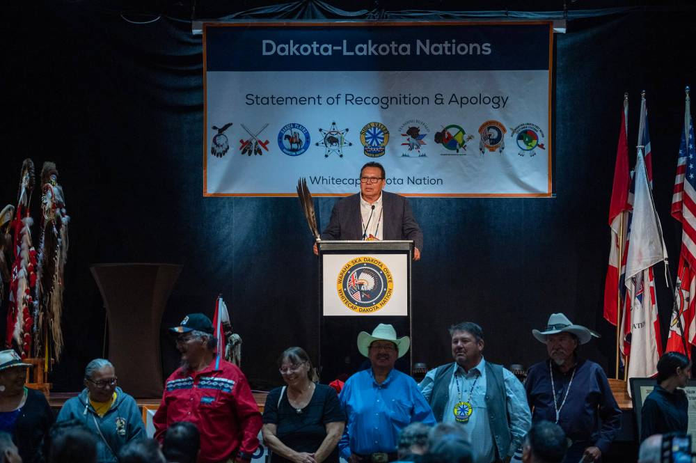Sioux Valley Dakota Nation Chief Vincent Tacan speaks during Monday's ceremony. (The Canadian Press)