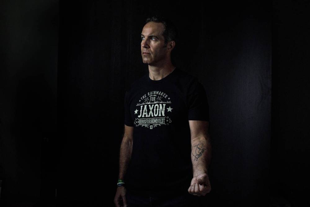 Chris Joseph shows off one his tattoos in memory of his son Jaxon, who died in the Humboldt Broncos bus crash in 2018. (File)