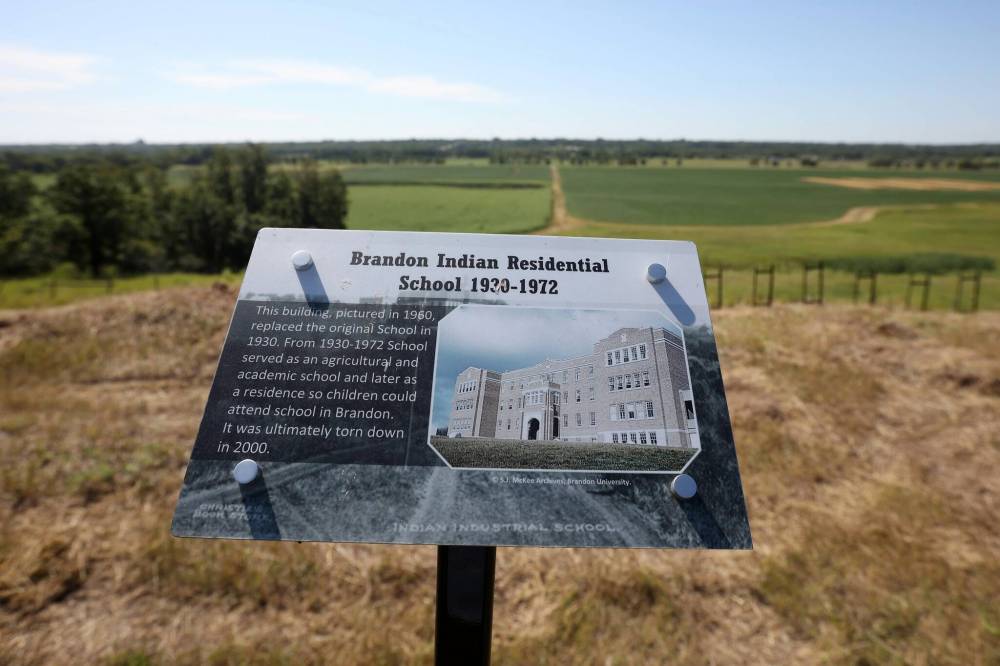 Informative placards tell the history of the Brandon Indian Residential School at the site of the former school along Grand Valley Road. (Tim Smith/The Brandon Sun)