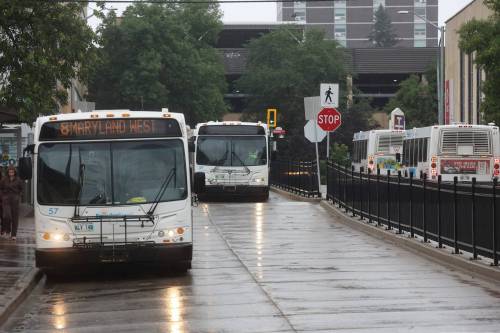 Brandon Transit buses queue at the downtown terminal on a rainy afternoon. (File)