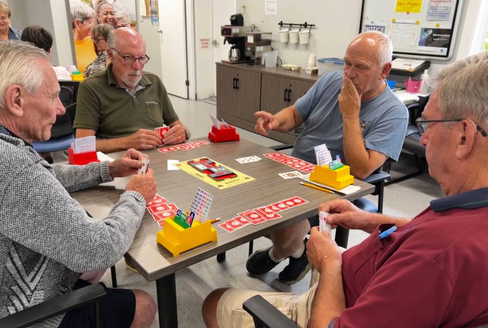 A table of four men play duplicate bridge at Brandon’s Seniors for Seniors Co-op. Pictured are Omer Hanson (from left), Gary, Brawn, Randy Slater and Dennis Heintz. (Submitted)