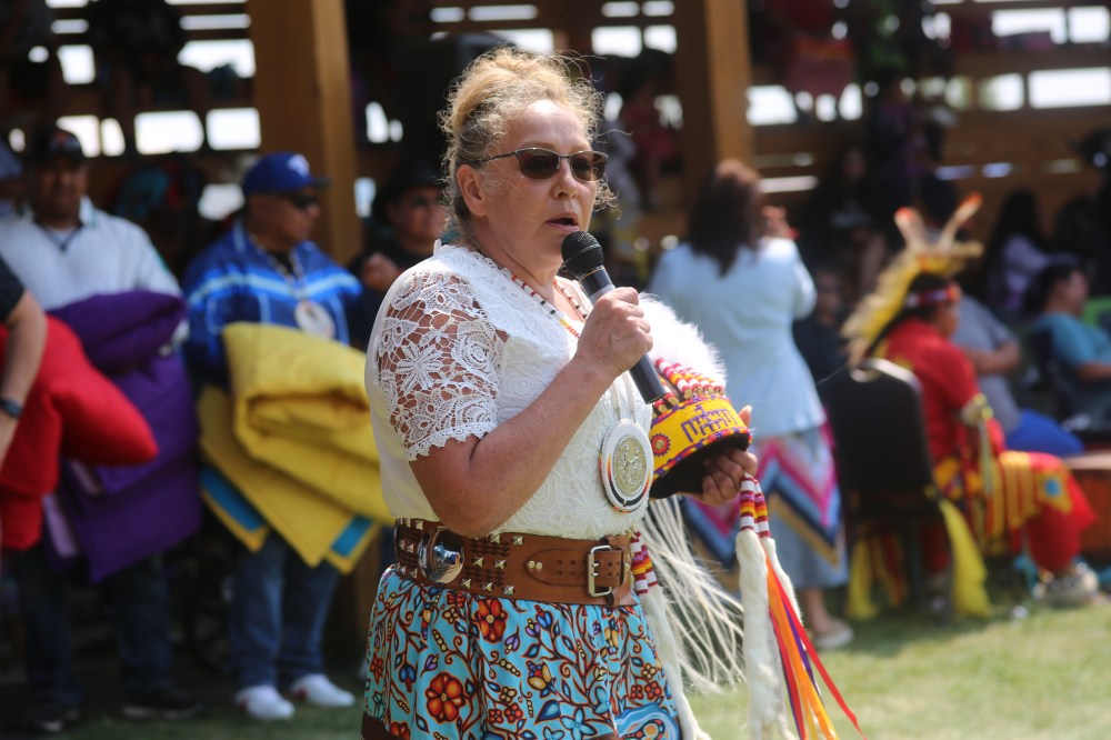 Chief Shelley A. Bear travelled from Ochapowace First Nation, which is part of Treaty 4, to attend the powwow. (Geena Mortfield/The Brandon Sun)