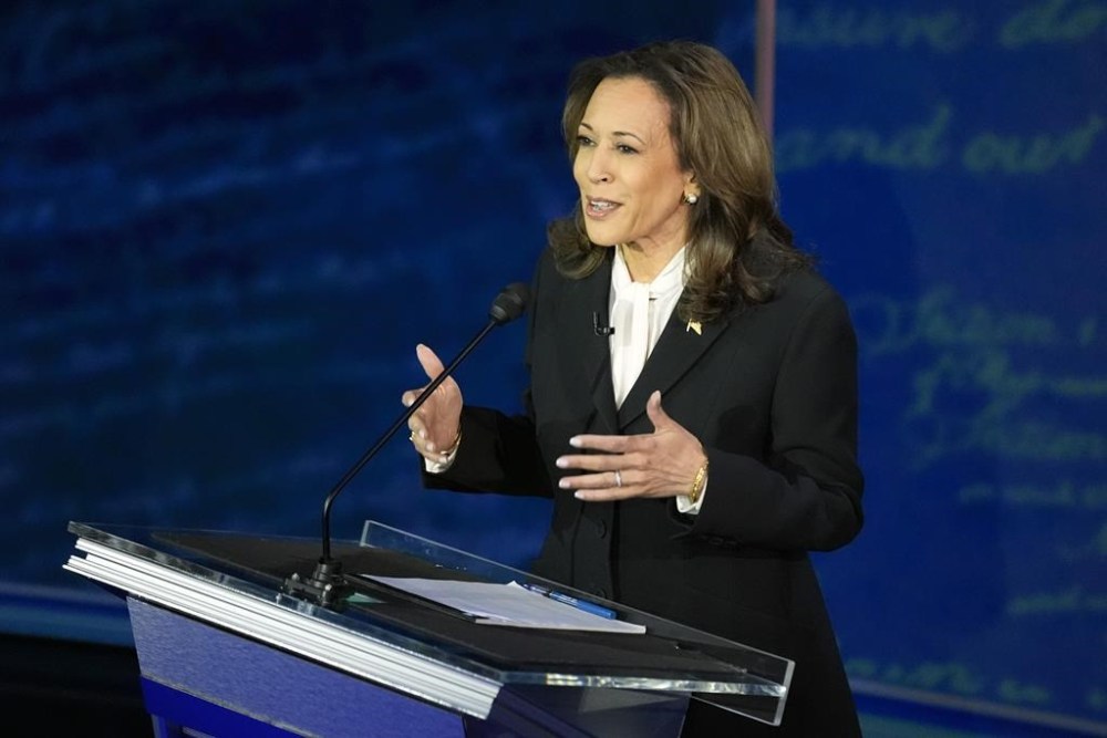 Democratic presidential nominee Vice President Kamala Harris speaks during a debate with Republican presidential nominee former President Donald Trump at the National Constitution Center, Tuesday, Sept.10, 2024, in Philadelphia. (AP Photo/Alex Brandon)