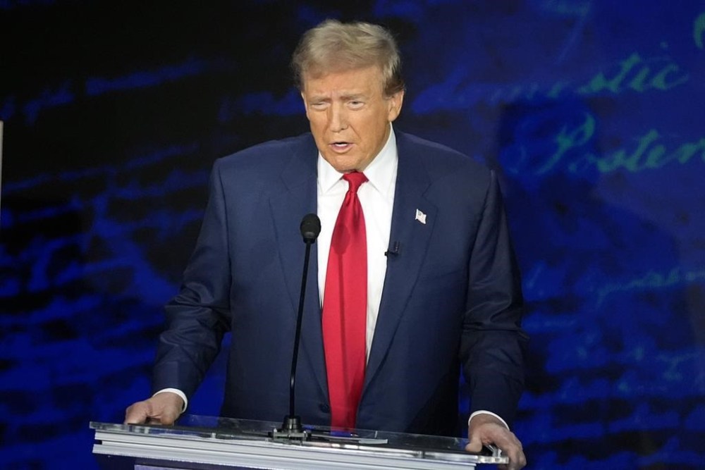 Republican presidential nominee former President Donald Trump speaks during a ABC News presidential debate with Democratic presidential nominee Vice President Kamala Harris at the National Constitution Center, Tuesday, Sept.10, 2024, in Philadelphia. (AP Photo/Alex Brandon)