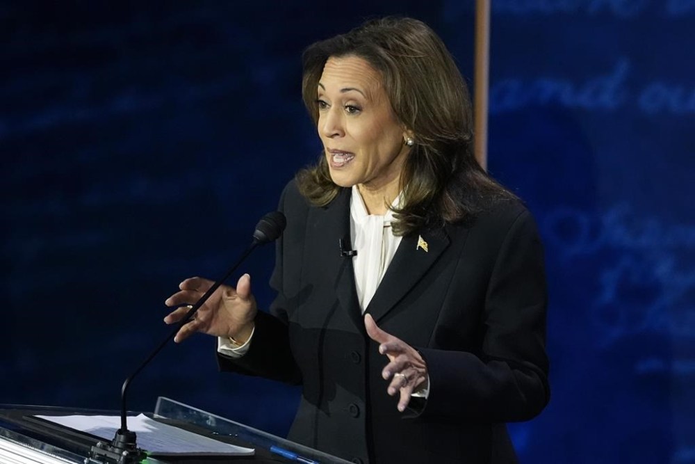 Democratic presidential nominee Vice President Kamala Harris speaks during a presidential debate with Republican presidential nominee former President Donald Trump at the National Constitution Center, Tuesday, Sept.10, 2024, in Philadelphia. (AP Photo/Alex Brandon)