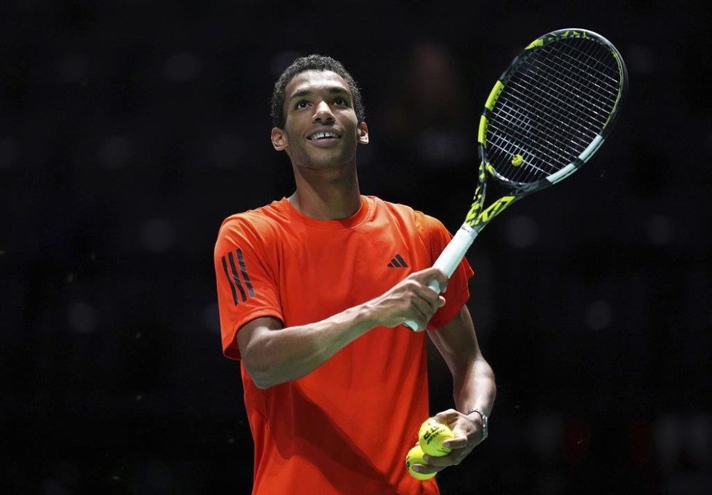 Canada's Felix Auger Aliassime celebrates after defeating Finland's Otto Virtanen during a Davis Cup tennis match in Manchester, Eng., Sept. 12, 2024. THE CANADIAN PRESS/AP-Martin Rickett/PA via AP