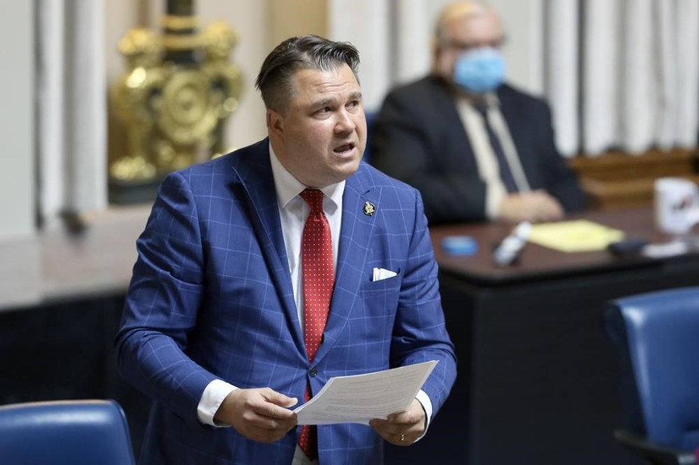 Mark Wasyliw speaks during question period in the Manitoba legislature in 2021. (File)