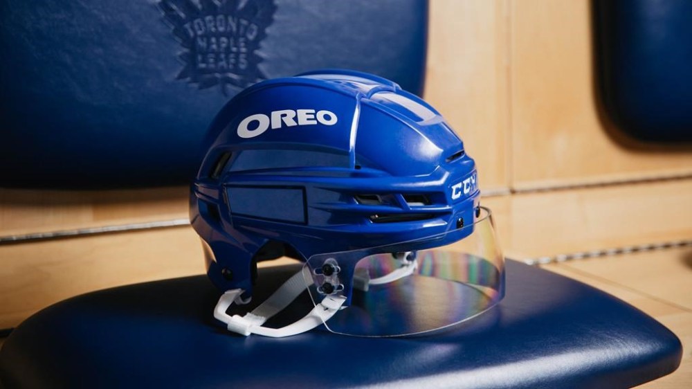 The Toronto Maple Leafs have announced cookie brand Oreo as the team's helmet sponsor for the upcoming NHL season. An example of the helmet and the logo is shown in a handout photo.THE CANADIAN PRESS/HO-MLSE **MANDATORY CREDIT**