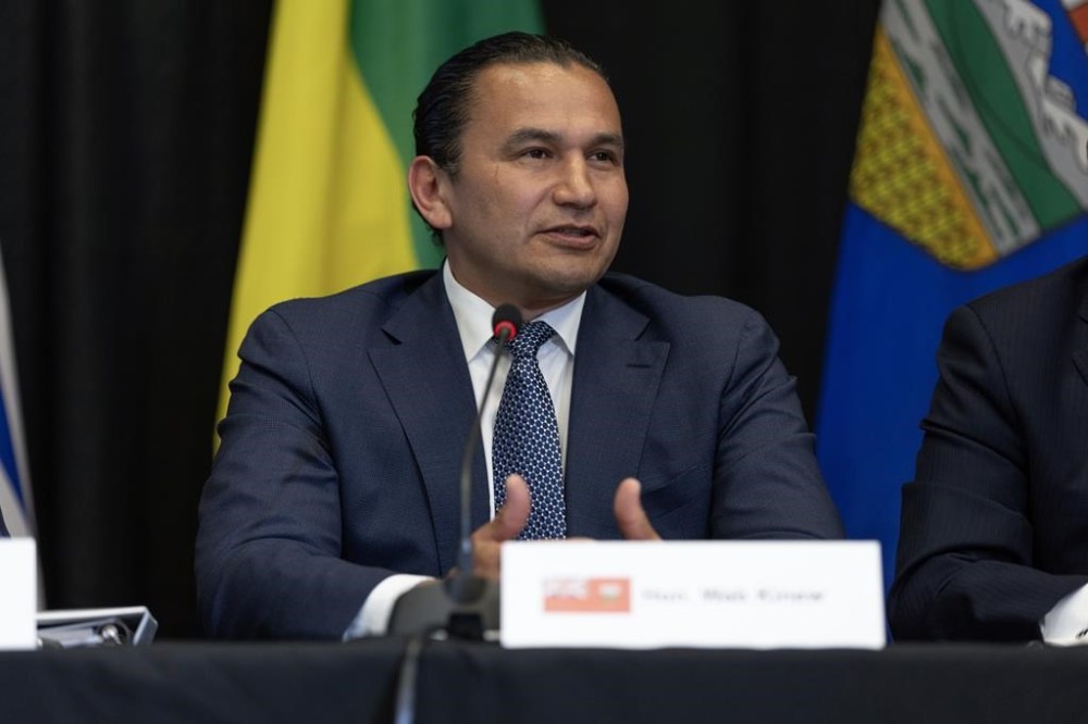 Manitoba Premier Wab Kinew speaks during the media availability at the 2024 Western Premiers’ Conference in Whitehorse, Monday, June 10, 2024. Manitoba's government says it will encourage the development of renewable energy in the province while acknowledging fossil fuels aren't going away any time soon. THE CANADIAN PRESS/Crystal Schick
