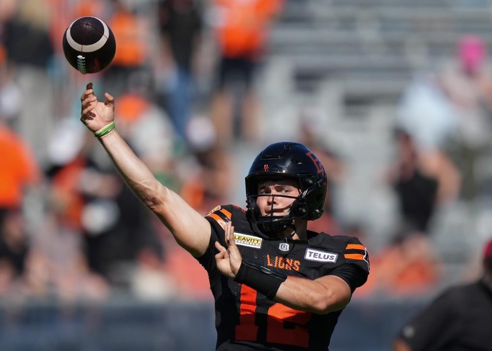 B.C. Lions quarterback Nathan Rourke passes while warming up before a CFL football game against the Ottawa Redblacks, in Victoria, B.C., on Saturday, August 31, 2024. B.C. Lions coach Rick Campbell says he wants to start quarterback Nathan Rourke for the team's final four games of the regular season. THE CANADIAN PRESS/Darryl Dyck