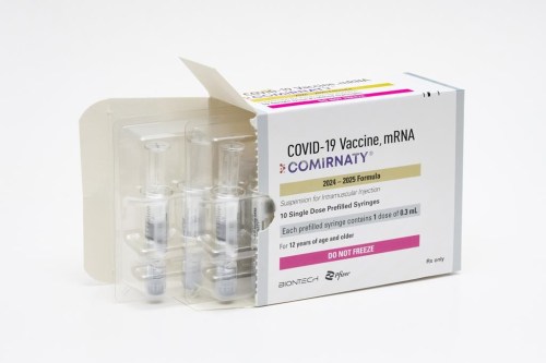 Pfizer Canada says Health Canada has approved its updated COVID-19 vaccine that protects against one of the most recently circulating variants of the virus. Packaging for the Pfizer's updated COVID vaccine for ages 12 and up is shown in an August 2024 handout photo. THE CANADIAN PRESS/AP-HO, Pfizer, Steven Decroos, *MANDATORY CREDIT*