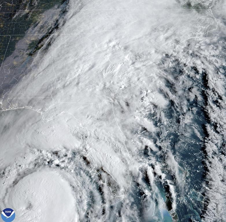 This satellite image provided by NOAA shows Hurricane Helene advancing across the Gulf of Mexico toward Florida on Thursday, Sept. 26, 2024. (NOAA via AP)