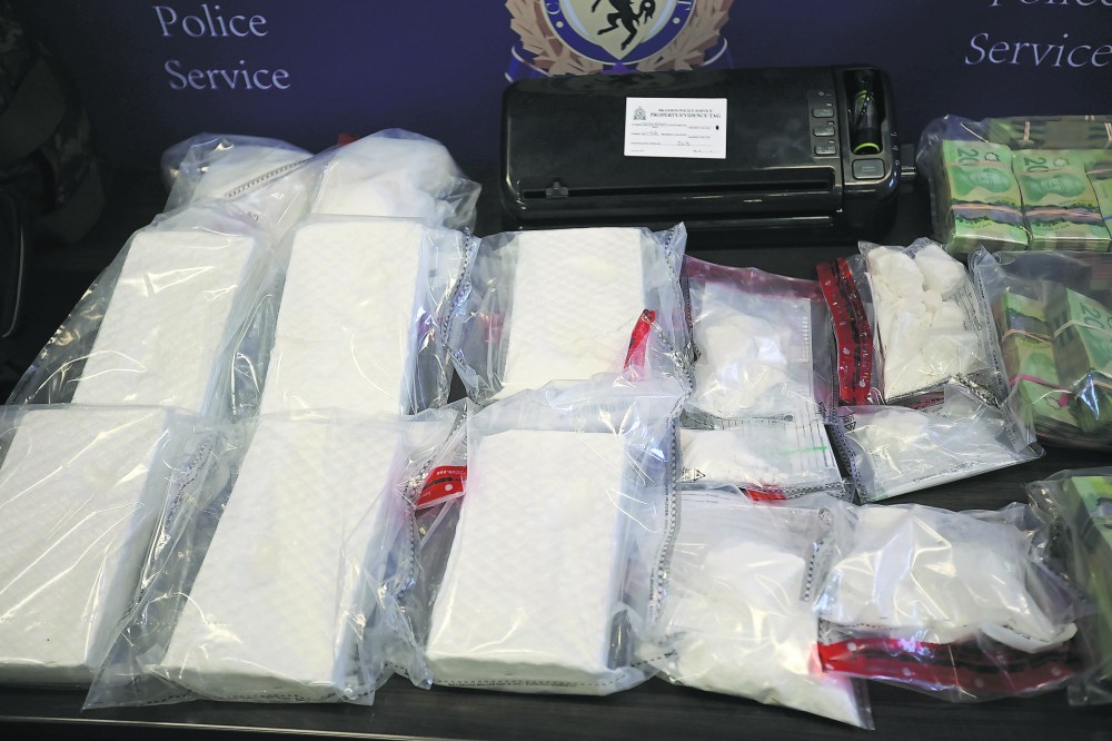 Cocaine seized as part of Project Banish is displayed during a November 2022 press conference on the investigation at the Brandon Police Service headquarters. (File)