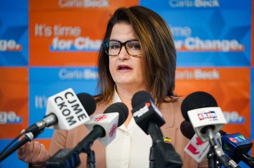 Saskatchewan NDP leader Carla Beck speaks during a media event in Regina, on Friday, Oct. 4, 2024. Beck says she's asking voters to think beyond party politics and support what's best for the province when they go to the polls on Oct. 28. THE CANADIAN PRESS/Heywood Yu