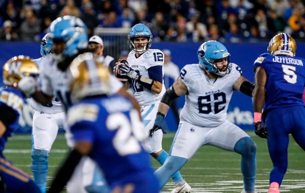Toronto Argonauts quarterback Chad Kelly (12) looks for his receivers during first half CFL action against the Winnipeg Blue Bombers in Winnipeg Friday, October 11, 2024. THE CANADIAN PRESS/John Woods