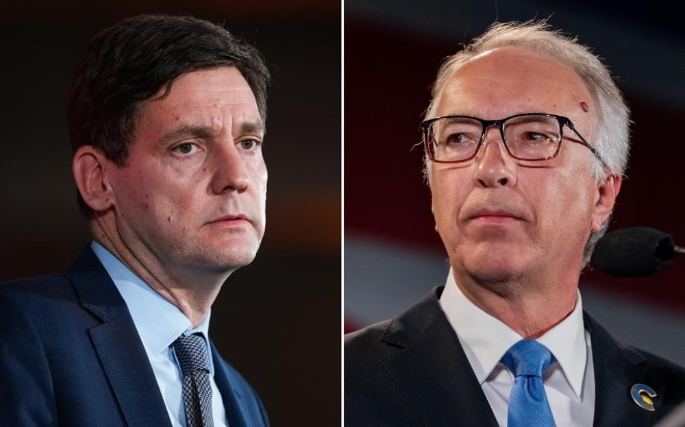 In this two-photograph panel; B.C. NDP Leader David Eby, left, and B.C. Conservative Leader John Rustad, right, pause while addressing supporters on election night, in Vancouver on October 19, 2024. THE CANADIAN PRESS/Darryl Dyck, Ethan Cairns