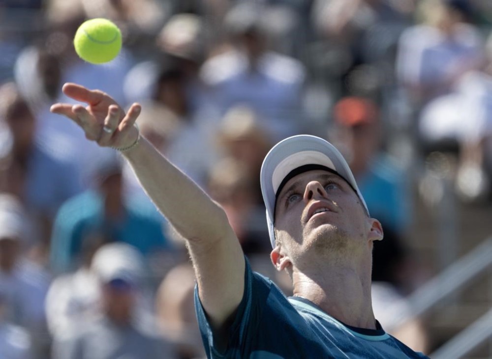 Canada's Denis Shapovalov serves to USA's Brandon Nakashima during first round play at the National Bank Open tennis in Montreal, Aug. 7. THE CANADIAN PRESS/Ryan Remiorz