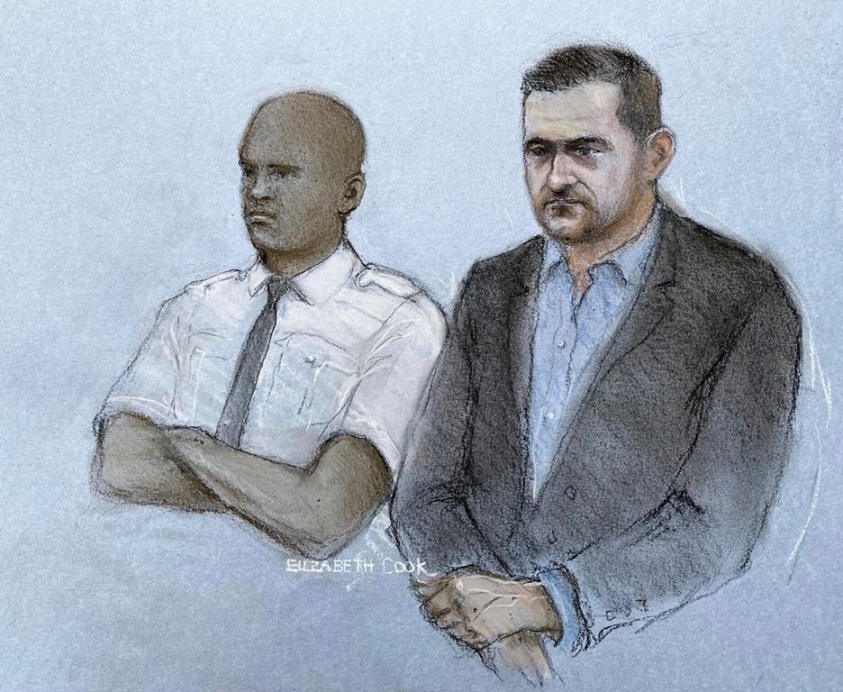 A court artist drawing by Elizabeth Cook of political activist Tommy Robinson, right, whose real name is Stephen Yaxley-Lennon, appearing at Woolwich Crown Court where he has been sentenced to a year and a half in prison for contempt of court for violating an order barring him from repeating libelous allegations against a Syrian refugee in London, Monday, Oct. 28, 2024. (Elizabeth Cook/PA via AP)