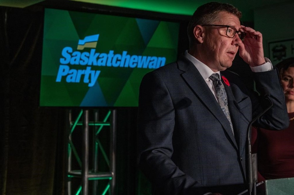 Re-elected Saskatchewan Premier Scott Moe speaks to media, following his party winning a majority government in the provincial election, in Shellbrook, Sask., Tuesday, Oct. 29, 2024. THE CANADIAN PRESS/Liam Richards