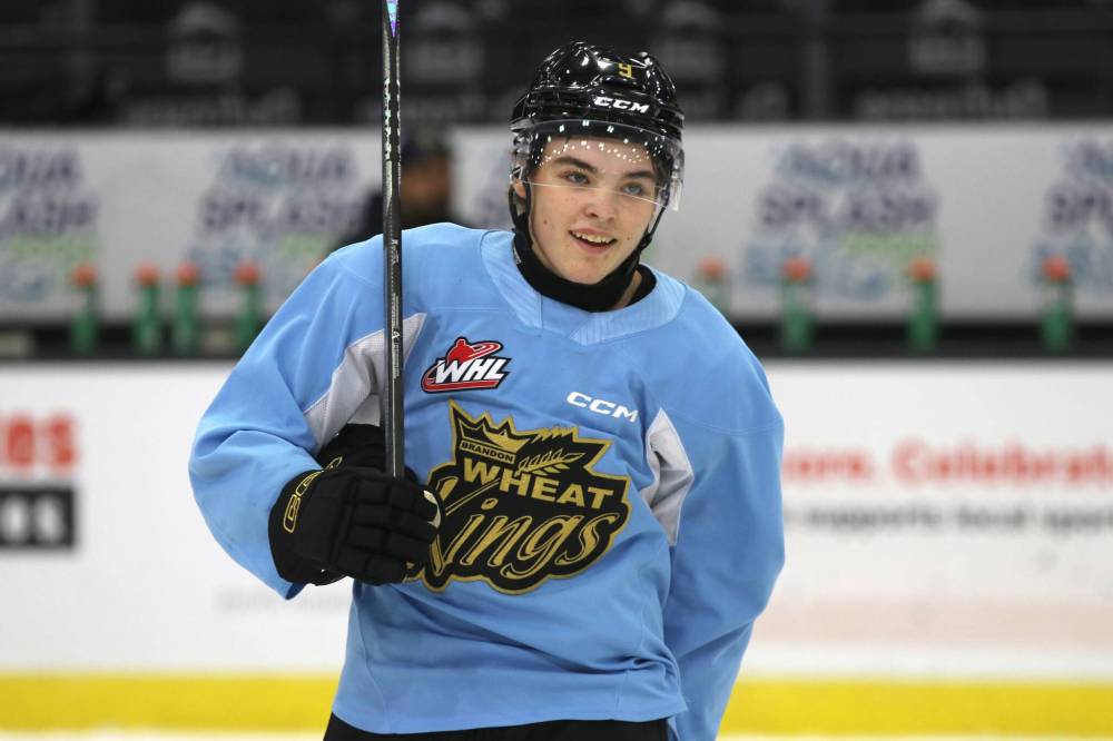 Highly touted Brandon Wheat Kings rookie forward Jaxon Jacobson, shown at practice earlier this week, has a goal and three assists in his first full Western Hockey League. He earned a fourth assist late Friday evening. (Perry Bergson/The Brandon Sun)