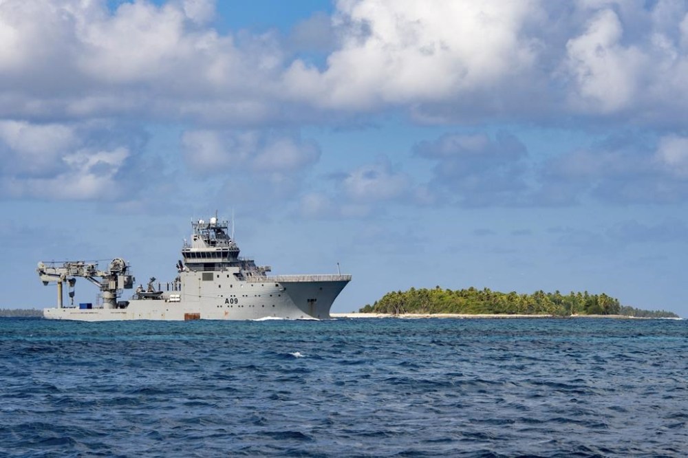 FILE- In this image released by New Zealand Defence Force (NZDF), HMNZS Manawanui arrives in Funafuti Lagoon, Tuvalu, on Sept. 7, 2022. (PO Christopher Weissenborn/NZDF via AP,File)