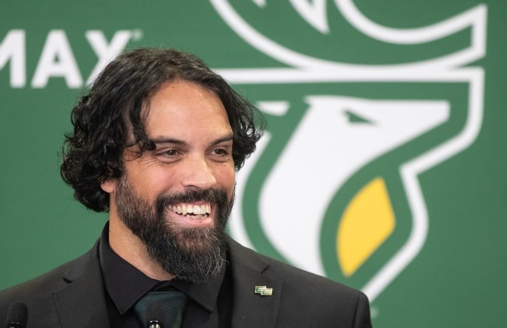 Edmonton Elks new head coach Mark Kilam speaks during a press conference in Edmonton on Monday December 2, 2024. THE CANADIAN PRESS/Jason Franson