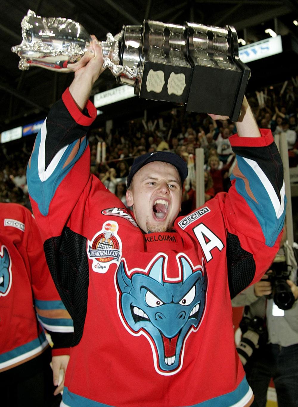 Kelowna Rockets Tyler Mosienko celebrates their Memorial Cup victory over Gatineau Olympiques Sunday, May 23, 2004 in Kelowna, B.C. (CP PHOTO/Jacques Boissinot)