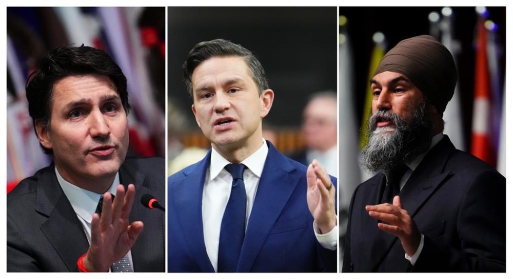 A composite image, made from three file photos, show Prime Minister Justin Trudeau, left to right, as he takes part in a panel in Ottawa, Thursday, Dec. 5, 2024; Conservative Leader Pierre Poilievre as he rises during Question Period in Ottawa, Wednesday, Dec.4, 2024; NDP Leader Jagmeet Singh as he delivers a speech in Ottawa, Thursday, Dec. 5, 2024. THE CANADIAN PRESS/Sean Kilpatrick