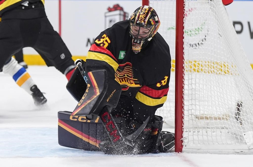 Vancouver Canucks goalie Thatcher Demko makes a save during the first period of an NHL hockey game against the St. Louis Blues in Vancouver, on Tuesday, December 10, 2024. THE CANADIAN PRESS/Darryl Dyck