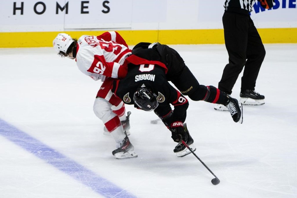 The NHL fined Ottawa Senators forward Josh Norris US$2,000 for repeated diving on Friday. Ottawa Senators' Josh Norris (9) and Detroit Red Wings' Marco Kasper (92) battle during third period NHL hockey action in Ottawa on Thursday, Dec. 5, 2024. THE CANADIAN PRESS/Spencer Colby