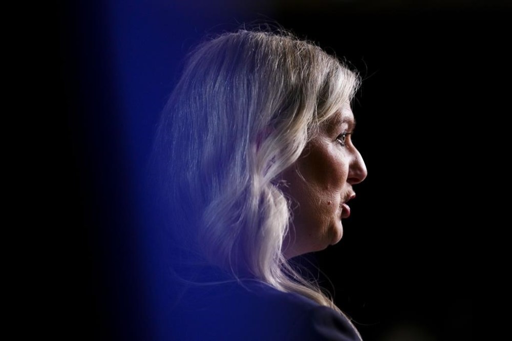 Conservative member of Parliament Leona Alleslev speaks during a press conference on Parliament Hill in Ottawa on April 6, 2022. THE CANADIAN PRESS/Sean Kilpatrick