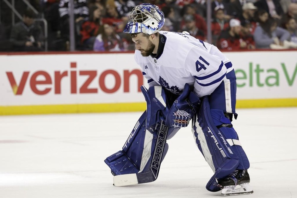 Toronto Maple Leafs goaltender Anthony Stolarz (41) reacts before overtime of an NHL hockey game against the New Jersey Devils Tuesday, Dec. 10, 2024, in Newark, N.J. THE CANADIAN PRESS/AP, Adam Hunger