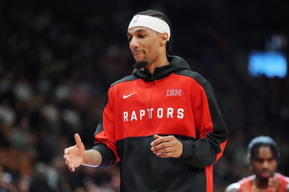 Toronto Raptors' A.J. Lawson is shown prior to NBA basketball action against the Chicago Bulls in Toronto on Monday, Dec. 16, 2024. THE CANADIAN PRESS/Frank Gunn