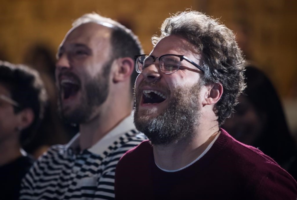 Seth Rogen, front right, and Evan Goldberg laugh during a Canada's Walk of Fame ceremony honouring them in Vancouver, B.C., Friday, Feb. 15, 2019. THE CANADIAN PRESS/Darryl Dyck