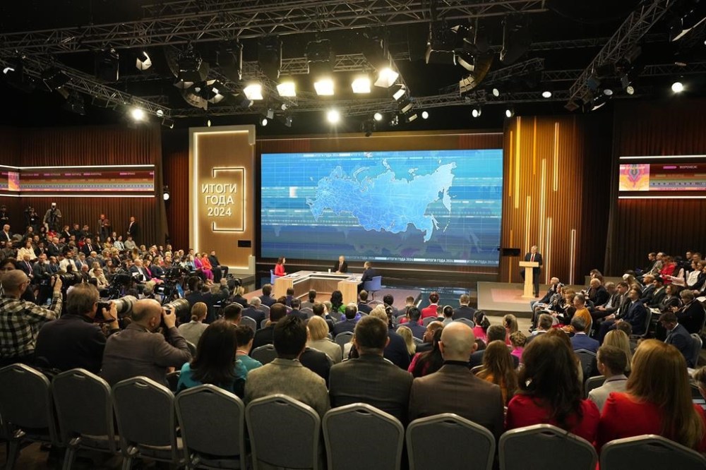 Russian President Vladimir Putin speaks during his annual news conference and call-in show at Gostinny Dvor in Moscow, Russia, Thursday, Dec. 19, 2024. (AP Photo/Alexander Zemlianichenko)