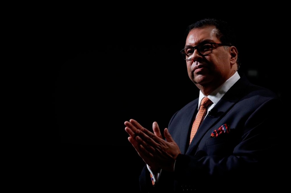 Naheed Nenshi delivers his acceptance speech after being named the new leader of the Alberta NDP in Calgary, Saturday, June 22, 2024. THE CANADIAN PRESS/Jeff McIntosh
